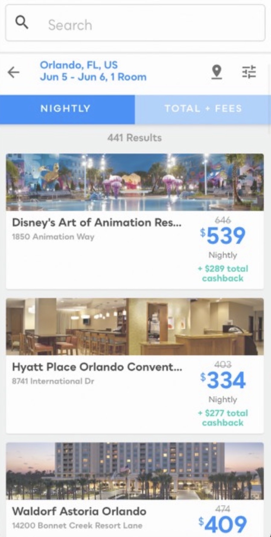 Travel cashback offers in the app